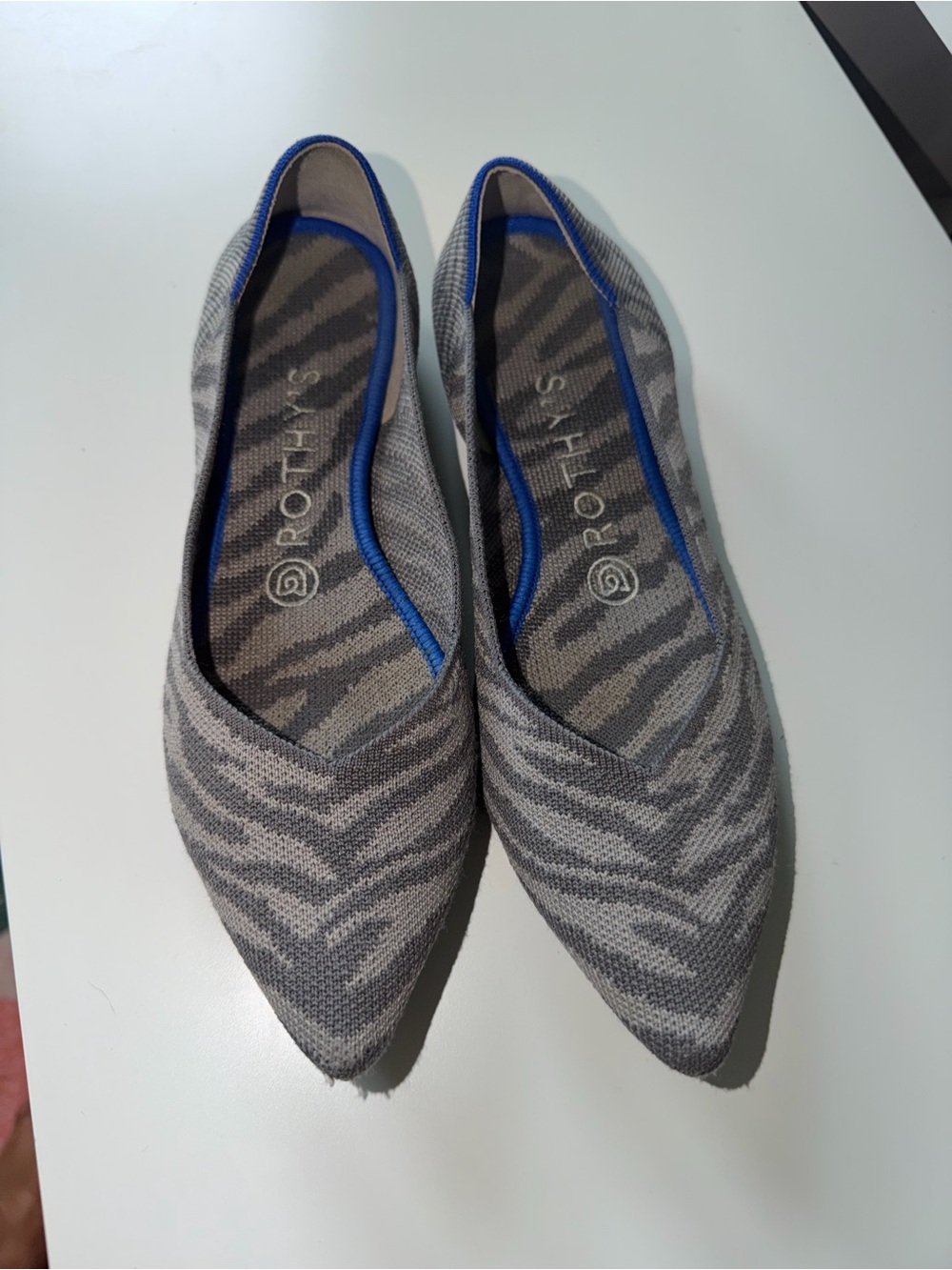 Rothy's Pointed Knit Flats in Gray with Subtle Zebra Print